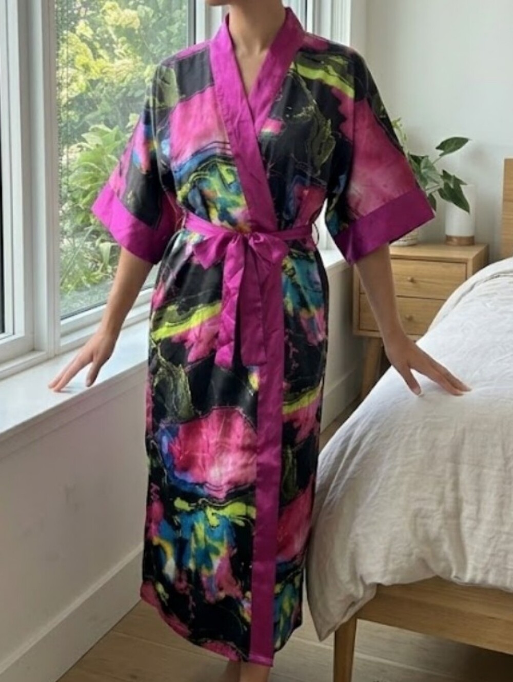 Vibrant Magenta Multi-colored Satin Kimono Robe